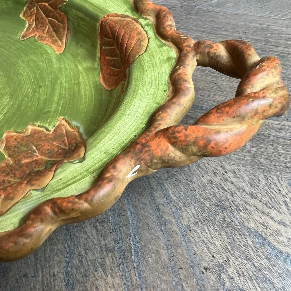 Vintage DENNIS EAST INTERNATIONAL Green Brown Leaves Serving Trinket Dish 13